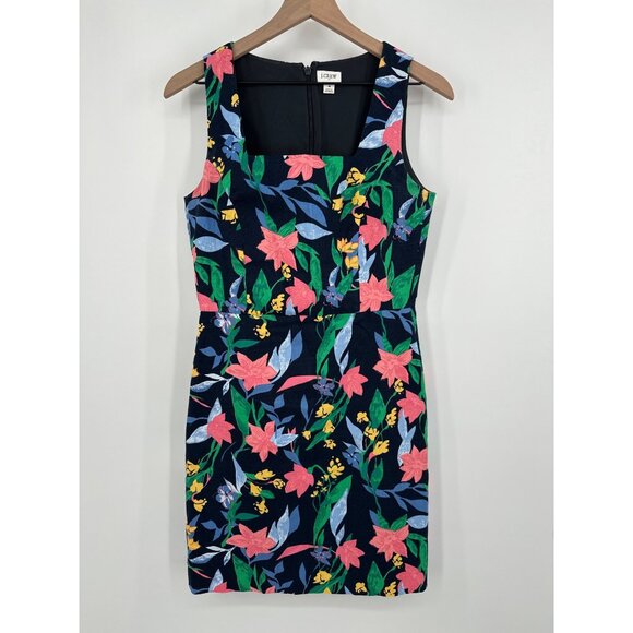 J Crew Floral Basketweave Square Neck Dress Women 4 Navy #AK930 Midi Sleeveless - Picture 1 of 8